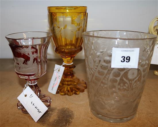 2 Bohemian glass goblets and Dutch etched tumbler glass